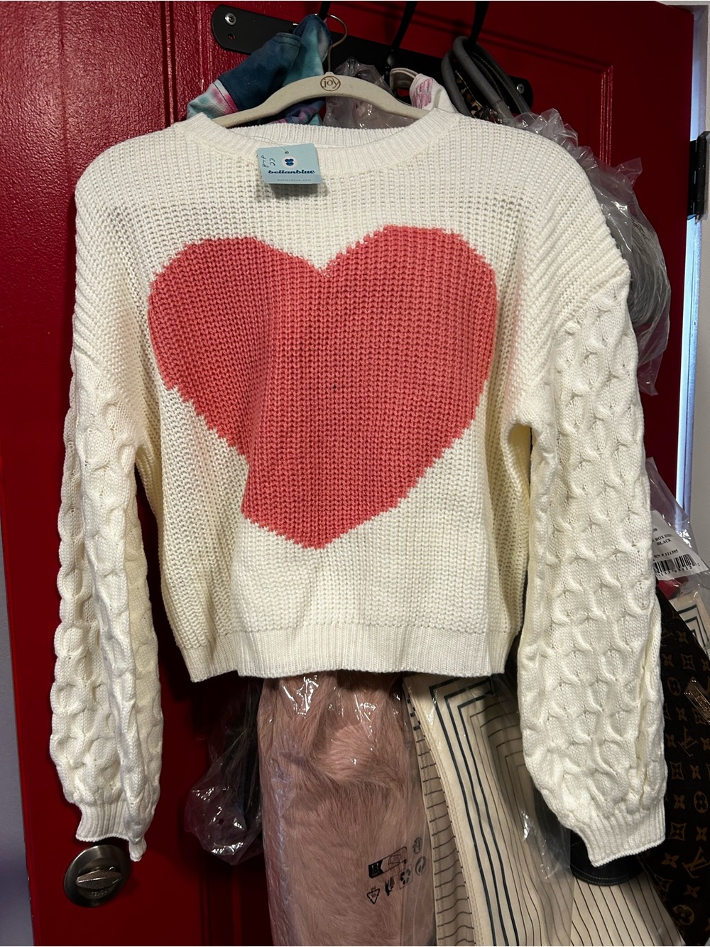 BellanBlue Cream Sweater with Pink Heart